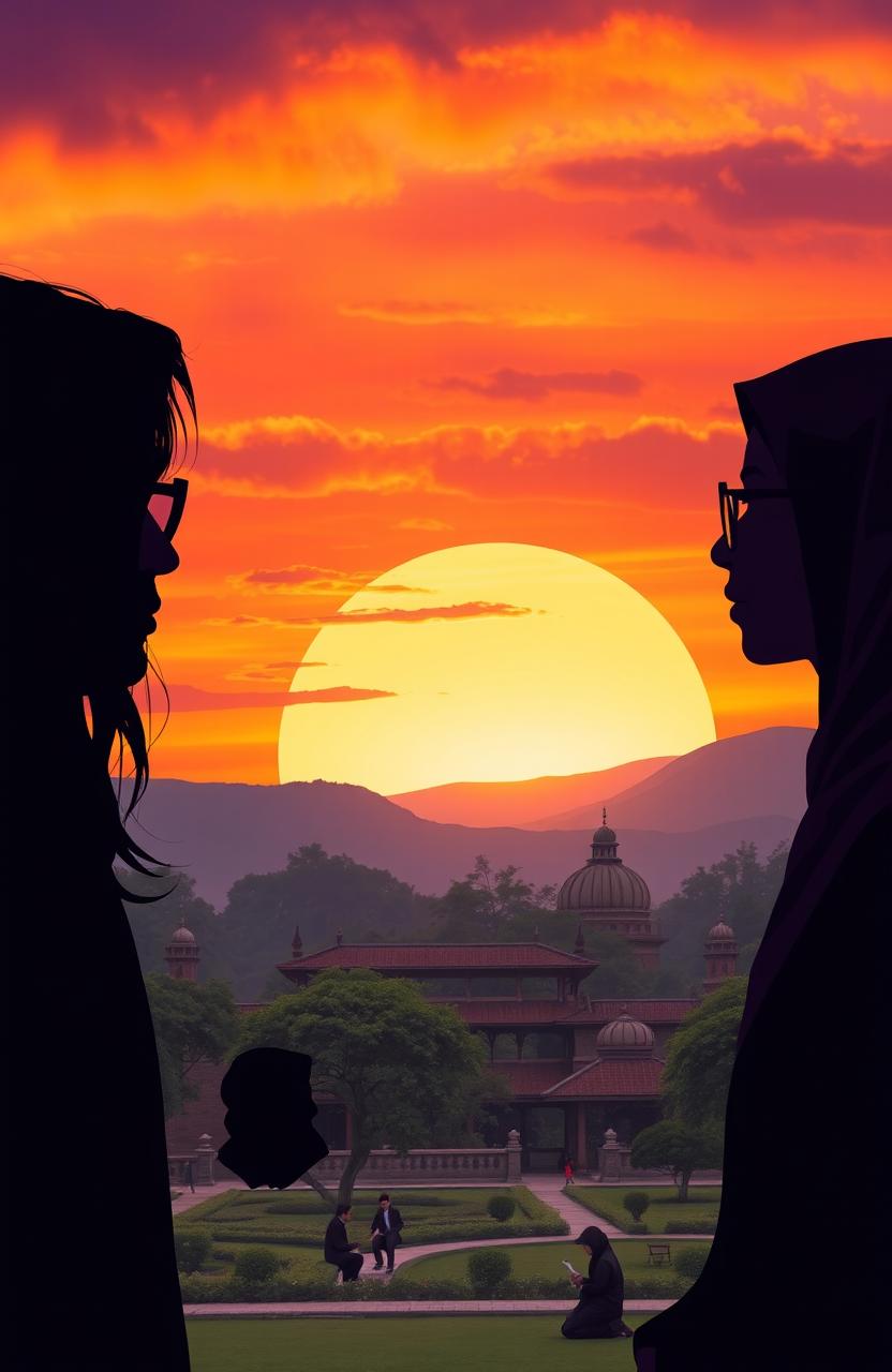 A beautiful sunset background with vibrant orange and purple hues, featuring the silhouettes of a man with long hair and a woman wearing a hijab and glasses