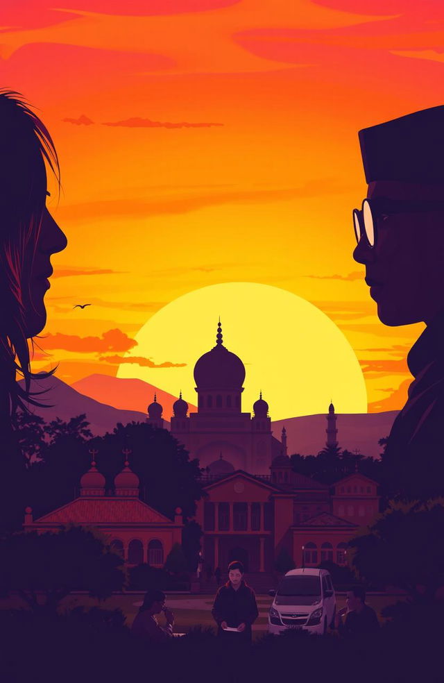 A beautiful sunset background with vibrant orange and purple hues, featuring the silhouettes of a man with long hair and a woman wearing a hijab and glasses