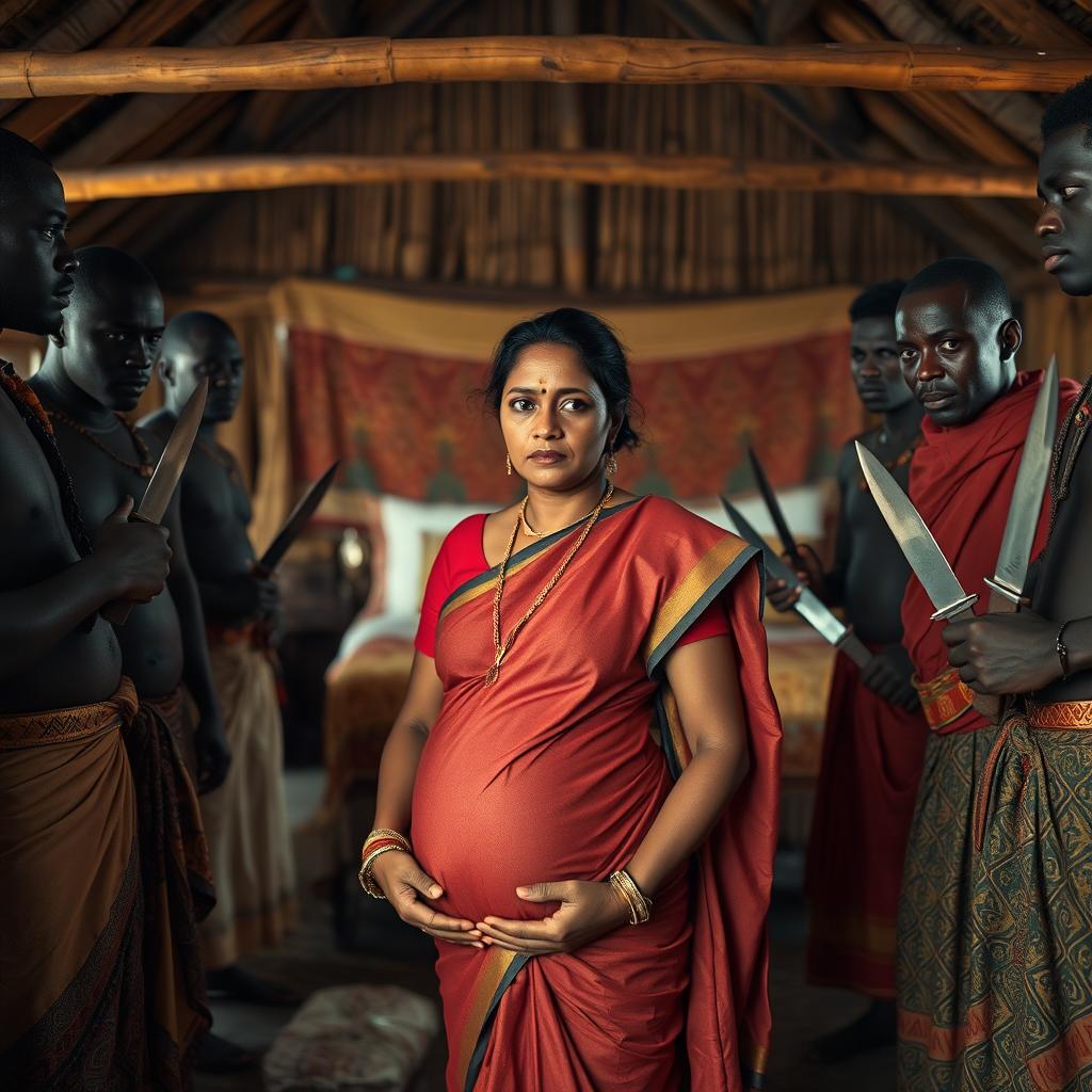 A worried pregnant Indian woman dressed in traditional attire, standing with a concerned expression as she is surrounded by a group of Black African men wearing traditional garments, with knives held in a non-threatening manner