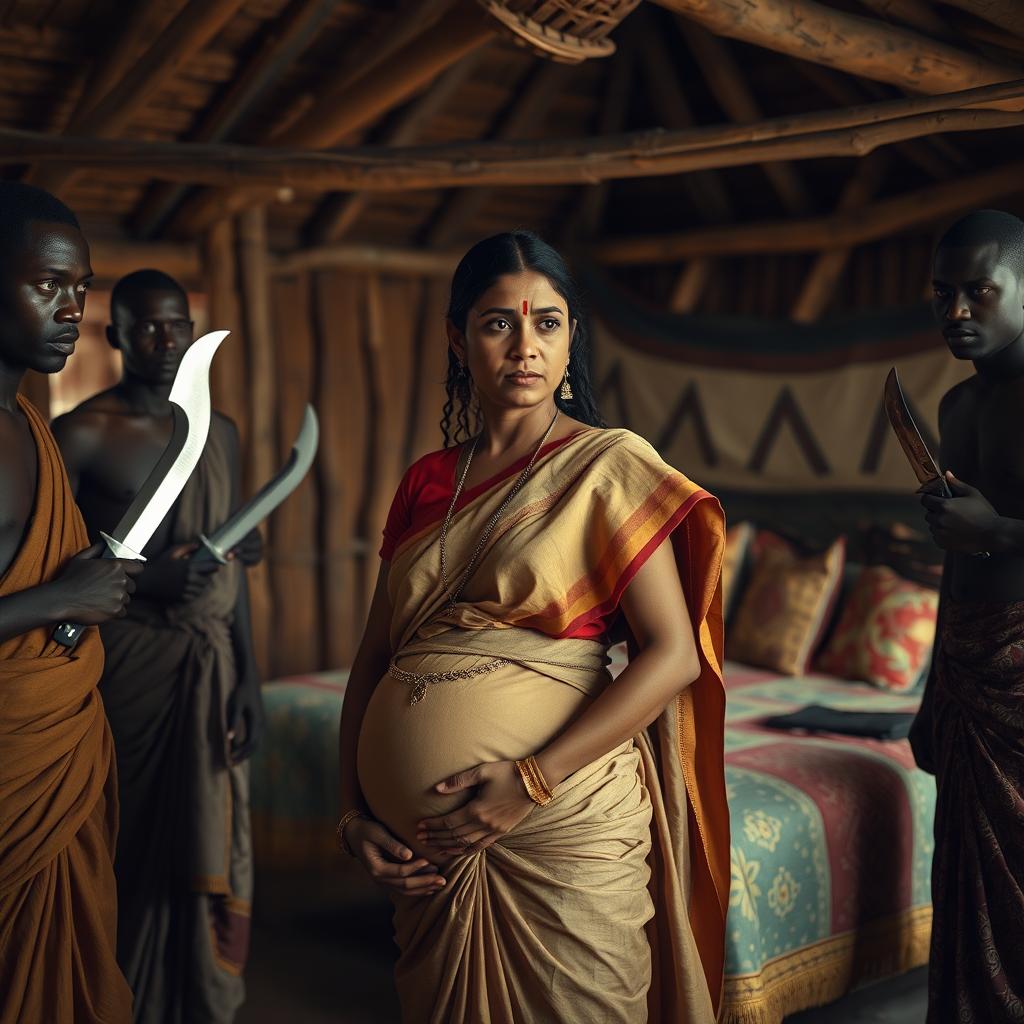 A worried pregnant Indian woman dressed in traditional attire, standing with a concerned expression as she is surrounded by a group of Black African men wearing traditional garments, with knives held in a non-threatening manner