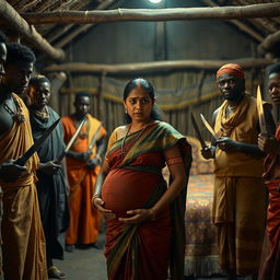 A worried pregnant Indian woman dressed in traditional attire, standing with a concerned expression as she is surrounded by a group of Black African men wearing traditional garments, with knives held in a non-threatening manner