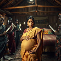 A worried pregnant Indian woman dressed in traditional attire, standing with a concerned expression as she is surrounded by a group of Black African men wearing traditional garments, with knives held in a non-threatening manner