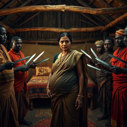 A worried pregnant Indian woman dressed in traditional attire, standing with a fearful expression as she is surrounded by a group of Black African men in traditional clothing, each holding knives pointed towards her in a non-threatening manner