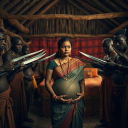 A worried pregnant Indian woman dressed in traditional attire, standing with a fearful expression as she is surrounded by a group of Black African men in traditional clothing, each holding knives pointed towards her in a non-threatening manner