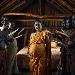 A worried pregnant Indian woman dressed in traditional attire, standing with a fearful expression as she is surrounded by a group of Black African men in traditional clothing, each holding knives pointed towards her in a non-threatening manner