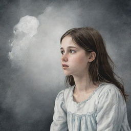 Illustration of a young girl, visibly distressed, dreaming about a mysterious white lady that she encounters.