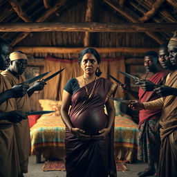 A worried pregnant Indian woman dressed in traditional attire, standing with a fearful expression as she is surrounded by a group of Black African men in traditional clothing, each holding knives pointed towards her in a non-threatening manner