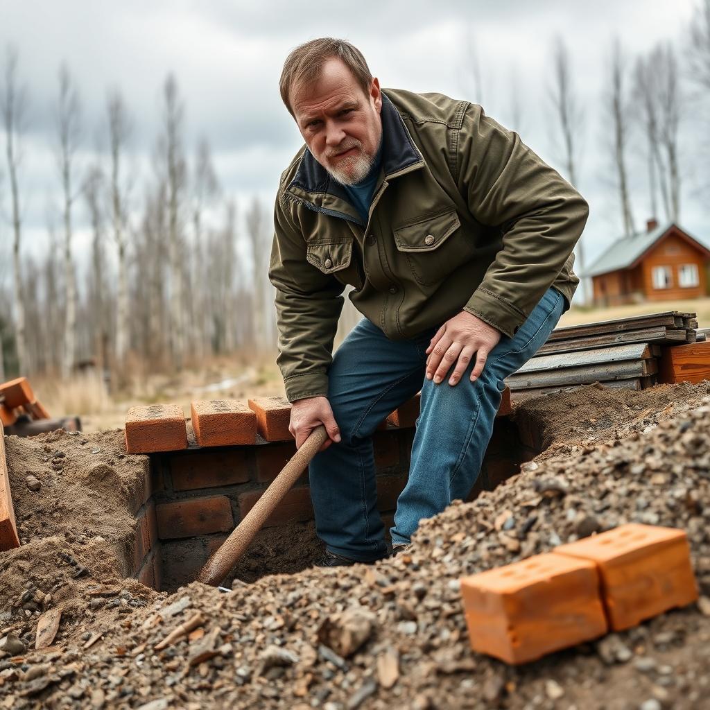 A rugged man in his early 40s, wearing a heavy work shirt and jeans, is actively building his own bomb shelter on a private plot of land in rural Russia