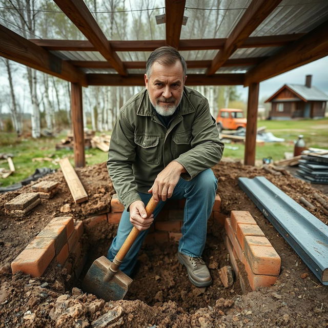 A rugged man in his early 40s, wearing a heavy work shirt and jeans, is actively building his own bomb shelter on a private plot of land in rural Russia