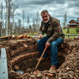 A rugged man in his early 40s, wearing a heavy work shirt and jeans, is actively building his own bomb shelter on a private plot of land in rural Russia