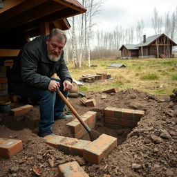 A rugged man in his early 40s, wearing a heavy work shirt and jeans, is actively building his own bomb shelter on a private plot of land in rural Russia