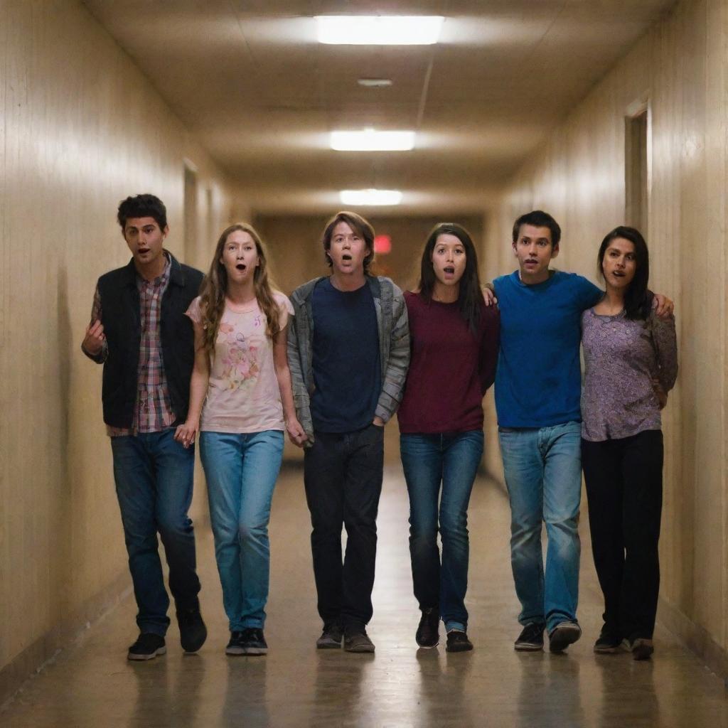 Six friends, displaying a variety of expressions from amusement to fear, roaming the dimly lit, eerie hallway of a school building at night.