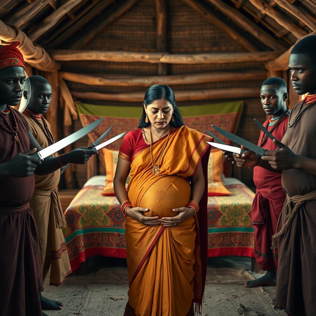 A worried pregnant Indian woman dressed in traditional attire, standing with a fearful expression, surrounded by two groups of Black African men in traditional clothing