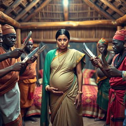 A worried pregnant Indian woman dressed in traditional attire, standing with a fearful expression, surrounded by two groups of Black African men in traditional clothing