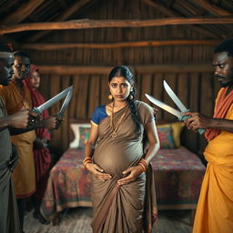 A worried pregnant Indian woman dressed in traditional attire, standing with a fearful expression, surrounded by two groups of Black African men in traditional clothing