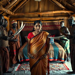 A worried pregnant Indian woman dressed in traditional attire, standing with a fearful expression, surrounded by two groups of Black African men in traditional clothing