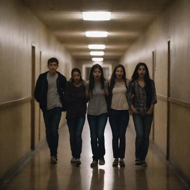 Six friends, displaying a variety of expressions from amusement to fear, roaming the dimly lit, eerie hallway of a school building at night.