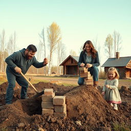 A family of four engaged in building their own bomb shelter on a private plot of land in rural Russia