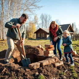 A family of four engaged in building their own bomb shelter on a private plot of land in rural Russia