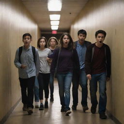 Six friends, displaying a variety of expressions from amusement to fear, roaming the dimly lit, eerie hallway of a school building at night.