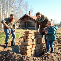 A family of four engaged in building their own bomb shelter on a private plot of land in rural Russia