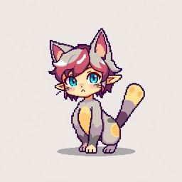 A pixel art representation of a human-cat hybrid character, displaying a whimsical and fantastical appearance