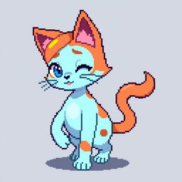 A pixel art representation of a human-cat hybrid character, displaying a whimsical and fantastical appearance