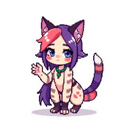 A pixel art representation of a human-cat hybrid character, displaying a whimsical and fantastical appearance