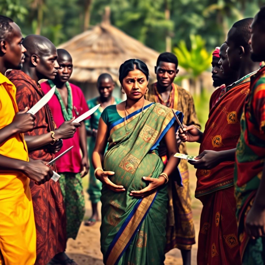 A worried pregnant Indian woman dressed in traditional attire, standing uneasily between two groups of Black African men in a vibrant village setting