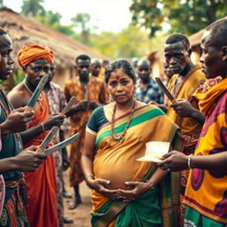 A worried pregnant Indian woman dressed in traditional attire, standing uneasily between two groups of Black African men in a vibrant village setting