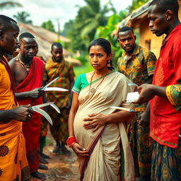 A worried pregnant Indian woman dressed in traditional attire, standing uneasily between two groups of Black African men in a vibrant village setting