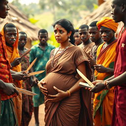 A worried pregnant Indian woman dressed in traditional attire, standing uneasily between two groups of Black African men in a vibrant village setting