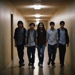 Six friends, displaying a variety of expressions from amusement to fear, roaming the dimly lit, eerie hallway of a school building at night.