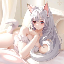 A beautiful and elegant neko girl with cat-like features, such as cat ears and a feline tail, portrayed in an artistic and tasteful manner