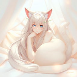 A beautiful and elegant neko girl with cat-like features, such as cat ears and a feline tail, portrayed in an artistic and tasteful manner