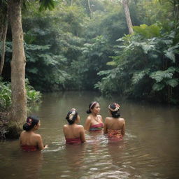 Create a scenic image of Mayan women bathing in a tranquil river amidst lush tropical vegetation. The women are engaging in warm conversation, their traditional clothing placed by the riverbank, capturing a moment of peace and communal bonding.