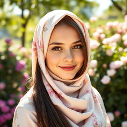 A stunning Russian girl wearing a fashionable hijab, with her long dark hair partially visible underneath