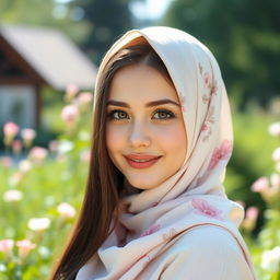 A stunning Russian girl wearing a fashionable hijab, with her long dark hair partially visible underneath