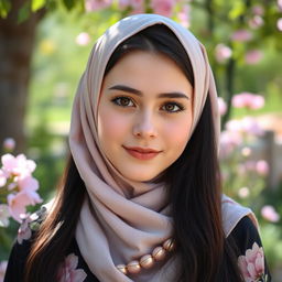 A stunning Russian girl wearing a fashionable hijab, with her long dark hair partially visible underneath