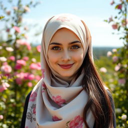 A stunning Russian girl wearing a fashionable hijab, with her long dark hair partially visible underneath