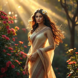 A divine Indian goddess in human form, emanating warmth and beauty, surrounded by a lush and luxurious natural landscape featuring vibrant flowers and greenery