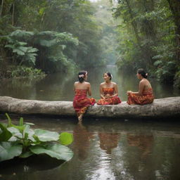 Create a scenic image of Mayan women bathing in a tranquil river amidst lush tropical vegetation. The women are engaging in warm conversation, their traditional clothing placed by the riverbank, capturing a moment of peace and communal bonding.