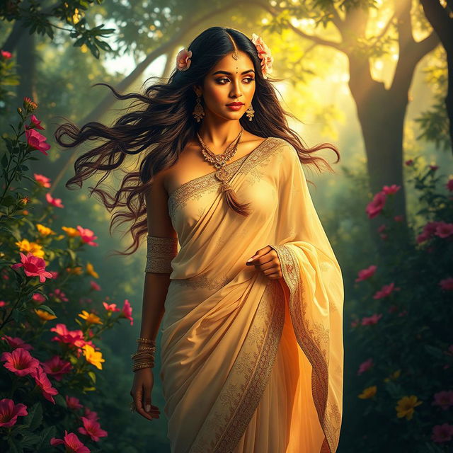 A divine Indian goddess in human form, emanating warmth and beauty, surrounded by a lush and luxurious natural landscape featuring vibrant flowers and greenery