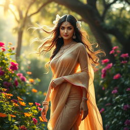 A divine Indian goddess in human form, emanating warmth and beauty, surrounded by a lush and luxurious natural landscape featuring vibrant flowers and greenery