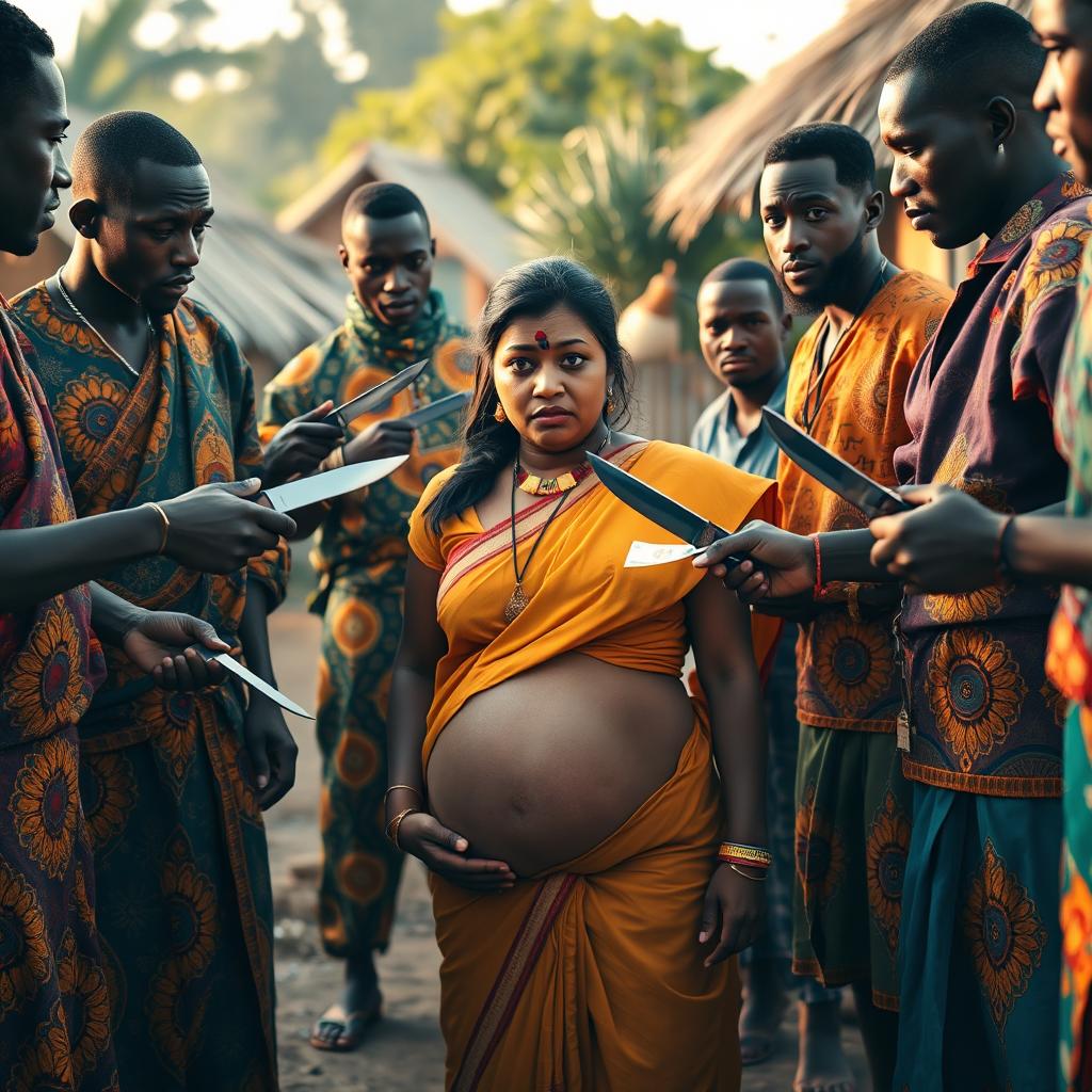 A worried and visibly distressed pregnant Indian woman in traditional attire, standing in a vulnerable position between two groups of Black African men dressed in colorful traditional clothing