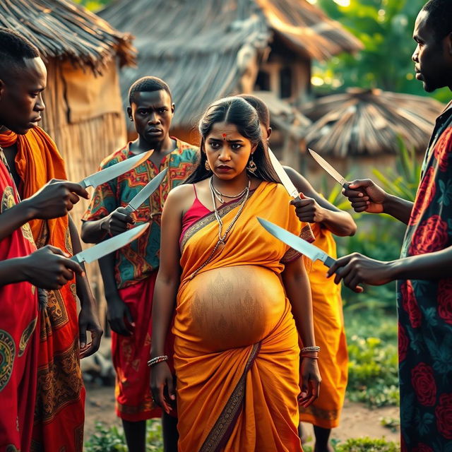 A worried and visibly distressed pregnant Indian woman in traditional attire, standing in a vulnerable position between two groups of Black African men dressed in colorful traditional clothing