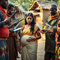 A worried and visibly distressed pregnant Indian woman in traditional attire, standing in a vulnerable position between two groups of Black African men dressed in colorful traditional clothing