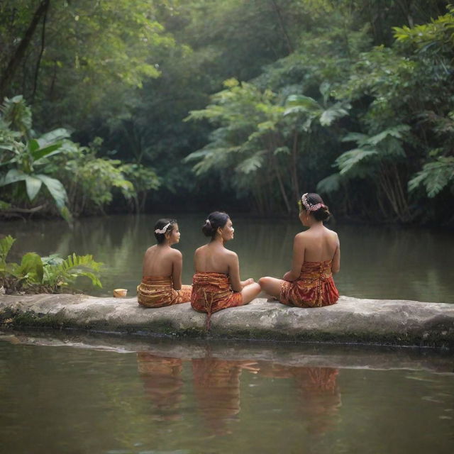 Create a scenic image of Mayan women bathing in a tranquil river amidst lush tropical vegetation. The women are engaging in warm conversation, their traditional clothing placed by the riverbank, capturing a moment of peace and communal bonding.