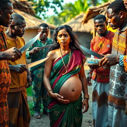 A worried and visibly distressed pregnant Indian woman in traditional attire, standing in a vulnerable position between two groups of Black African men dressed in colorful traditional clothing