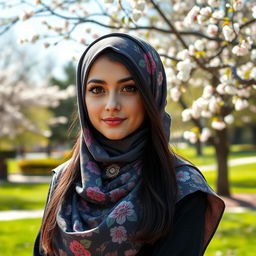 An elegant Russian girl wearing a stylish hijab, exuding grace and confidence